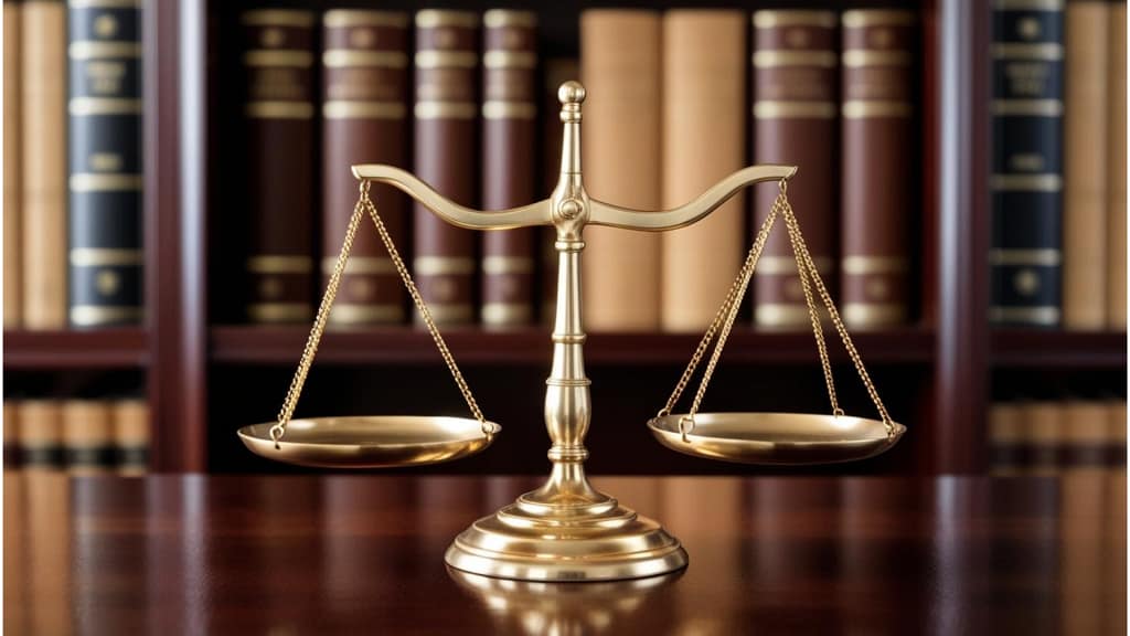 Złota waga sprawiedliwości na tle książek prawniczych, symbol profesjonalizmu i wiedzy prawniczej. Adwokat w Rzeszowie specjalizujący się w prawie spadkowym.