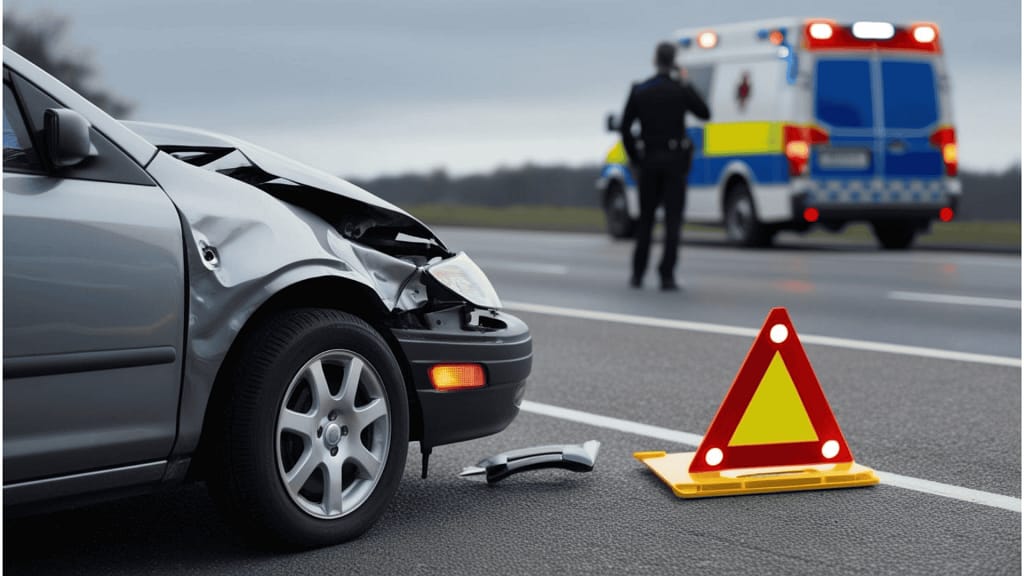 Uszkodzony samochód po wypadku drogowym na poboczu, symbolizujący odszkodowanie i zadośćuczynienie dla poszkodowanych – Adwokat Rzeszów.