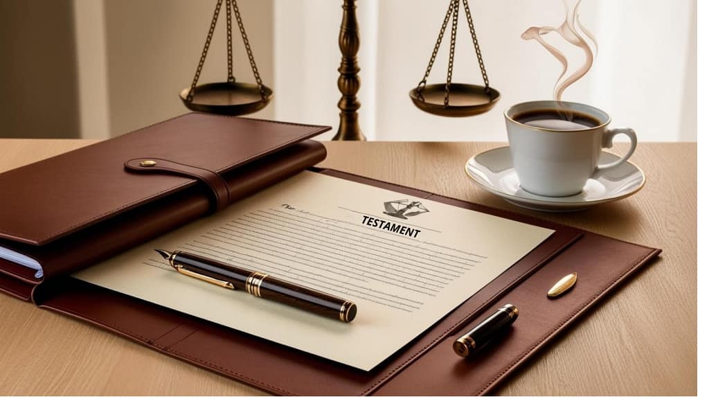 Dokument testamentu przygotowany przez Adwokata w Rzeszowie, leżący w eleganckiej skórzanej teczce, z piórem wiecznym i filiżanką kawy na jasnym drewnianym stole. W tle subtelny symbol wagi sprawiedliwości. Profesjonalna kompozycja, idealna do tematów związanych z prawem spadkowym i usługami prawnymi w Rzeszowie.