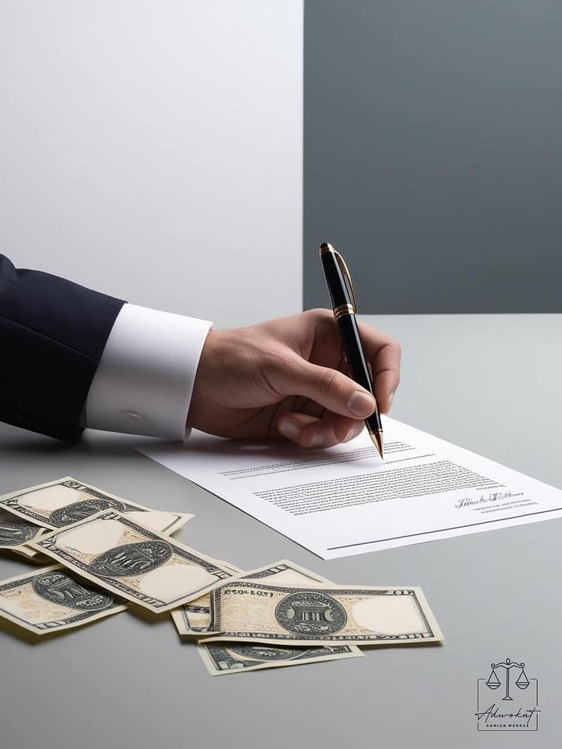 Oszustwo, Adwokat Rzeszów Grafika przedstawiająca podpisywanie dokumentu oraz banknoty, symbolizująca oszustwo – Adwokat Damian Murdza, pomoc prawna w Rzeszowie.