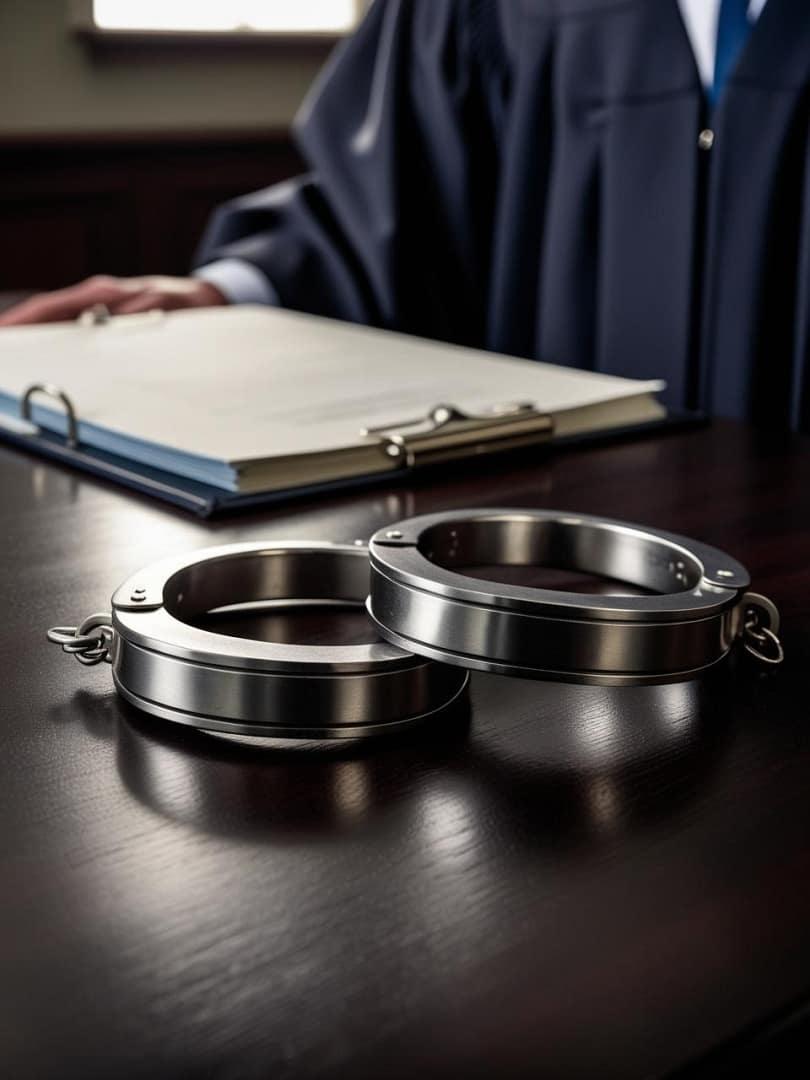 Środki zapobiegawcze, Adwokat Rzeszów Kajdanki na stole sądowym symbolizujące środki zapobiegawcze w postępowaniu karnym.