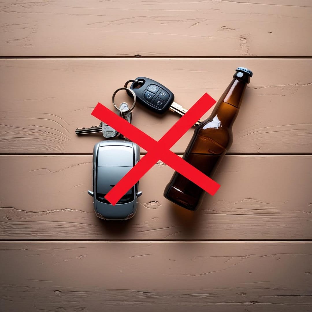 Jazda po pijaku, Adwokat Rzeszów Jazda po pijaku – kluczyki i butelka po piwie przekreślone czerwonym X jako ostrzeżenie przed prowadzeniem po alkoholu.