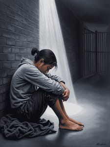 Symboliczny obraz przedstawiający wsparcie prawne w sprawach o gwałt – dłoń adwokata trzymająca dokumenty sądowe, w tle sala rozpraw.