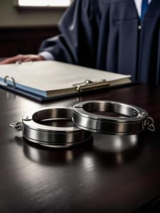 Kajdanki na stole sądowym symbolizujące środki zapobiegawcze w postępowaniu karnym.