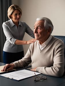 Ubezwłasnowolnienie – starsza osoba siedząca przy biurku w kancelarii prawniczej, analizująca dokument. Zdjęcie nawiązuje do procesu ubezwłasnowolnienia i wsparcia prawnego oferowanego przez Adwokata w Rzeszowie.