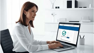 Konsument przy biurku z laptopem, symbolizującym prawo odstąpienia od umowy. Jasne tło podkreśla profesjonalizm Kancelarii Adwokackiej w Rzeszowie