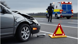 Uszkodzony samochód po wypadku drogowym na poboczu, symbolizujący odszkodowanie i zadośćuczynienie dla poszkodowanych – Adwokat Rzeszów.