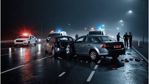 Wypadek drogowy – miejsce zdarzenia z udziałem dwóch uszkodzonych pojazdów, oświetlone światłami służb ratunkowych.