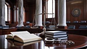 Kajdanki, otwarta książka prawnicza i akta sprawy na stole w sali sądowej – symbol kary w prawie karnym.