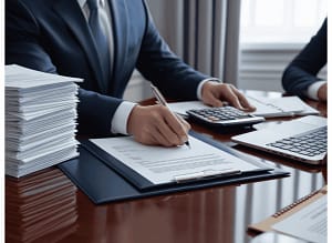 Windykacja – adwokat analizuje dokumenty dotyczące dochodzenia należności, symbolizując proces odzyskiwania długów.