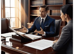 Porady prawne – Adwokat w Rzeszowie udziela klientowi profesjonalnej pomocy prawnej podczas spotkania w kancelarii.