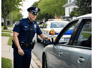 Policjant prowadzi kontrolę drogową w związku z wykroczeniem. Stoi przy cywilnym samochodzie osobowym, rozmawiając z kierowcą. W tle widoczny radiowóz policyjny z włączonymi światłami ostrzegawczymi. Zdjęcie nawiązuje do tematyki wykroczenia.