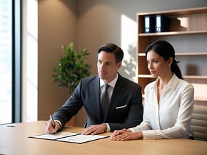 Umowa o pracę podpisywana w kancelarii adwokackiej w Rzeszowie przez kobietę i mężczyznę przy stole