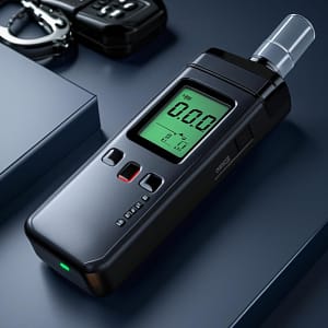 Zbliżenie na policyjny alkomat używany podczas kontroli drogowej, symbolizujący temat jazdy po alkoholu i konsekwencji prawnych