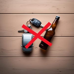 Jazda po pijaku – kluczyki i butelka po piwie przekreślone czerwonym X jako ostrzeżenie przed prowadzeniem po alkoholu.