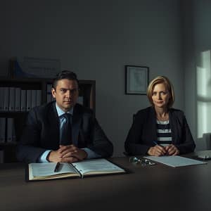 Adwokat w Rzeszowie prowadzący spotkanie z Klientem w kancelarii – omówienie strategii postępowania i reprezentacji sądowej. Profesjonalna atmosfera, dokumenty i kodeks na biurku, symbol zaufania i rzetelnej pomocy prawnej.