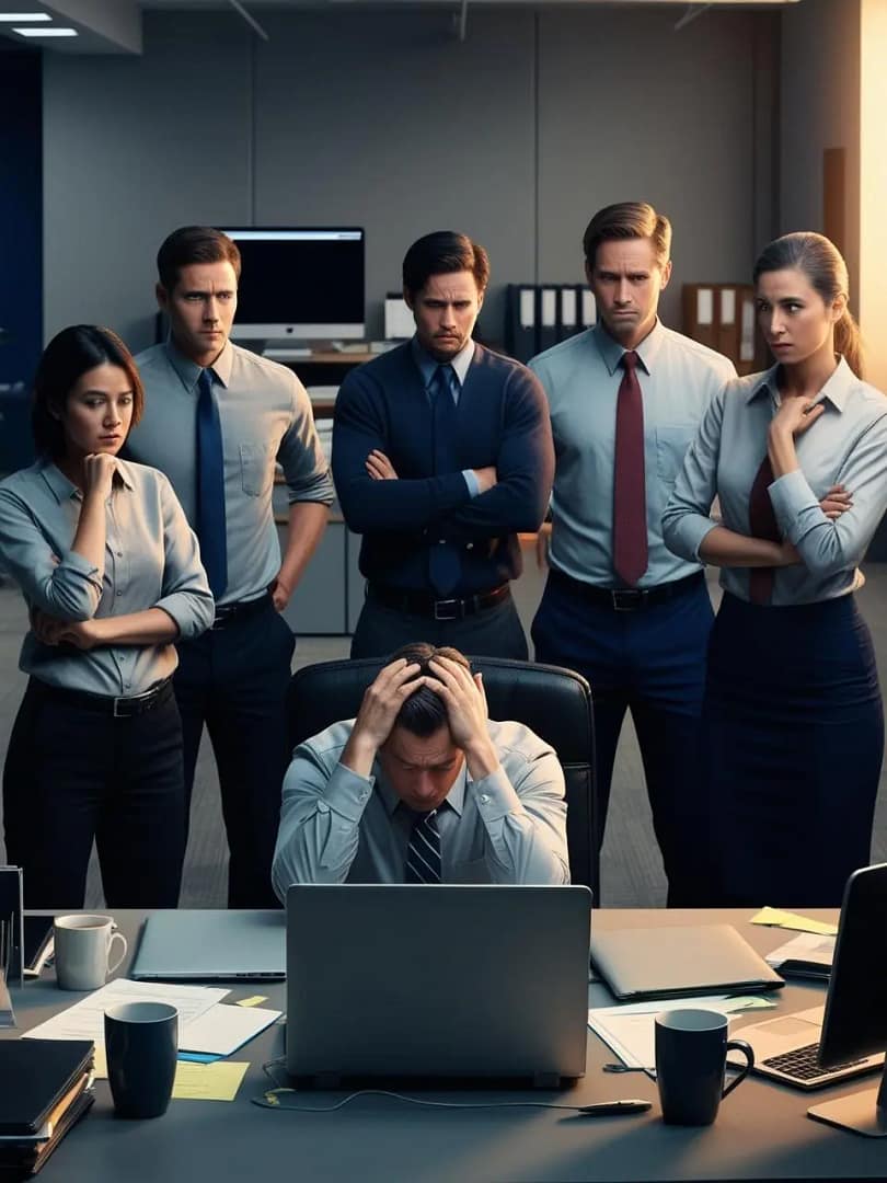 Pracownik doświadczający mobbingu – stres i izolacja w miejscu pracy. Zdjęcie ilustrujące artykuł o mobbingu na stronie adwokata z Rzeszowa.