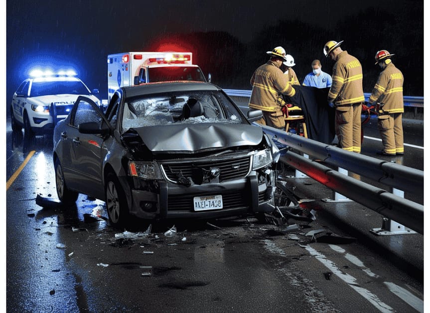 Odszkodowanie za wypadek, Adwokat Rzeszów Odszkodowanie za wypadek – śmiertelny wypadek drogowy, rozbity samochód wbity w barierkę, na miejscu pracują służby ratunkowe. Obraz podkreśla znaczenie odszkodowania dla rodzin ofiar wypadków komunikacyjnych.