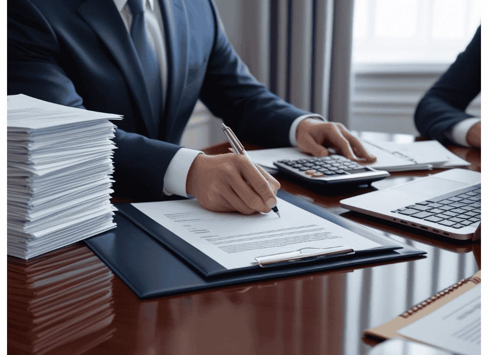 Windykacja – adwokat analizuje dokumenty dotyczące dochodzenia należności, symbolizując proces odzyskiwania długów.